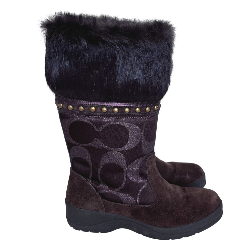 Coach Womens Lesly Signature Jacquard Boots 6.5 Brown Suede Rabbit Fur Luxury